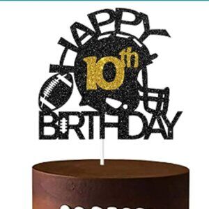 Black & Gold Glitter Football Happy 10th Birthday Cake Topper, NWT in package!
